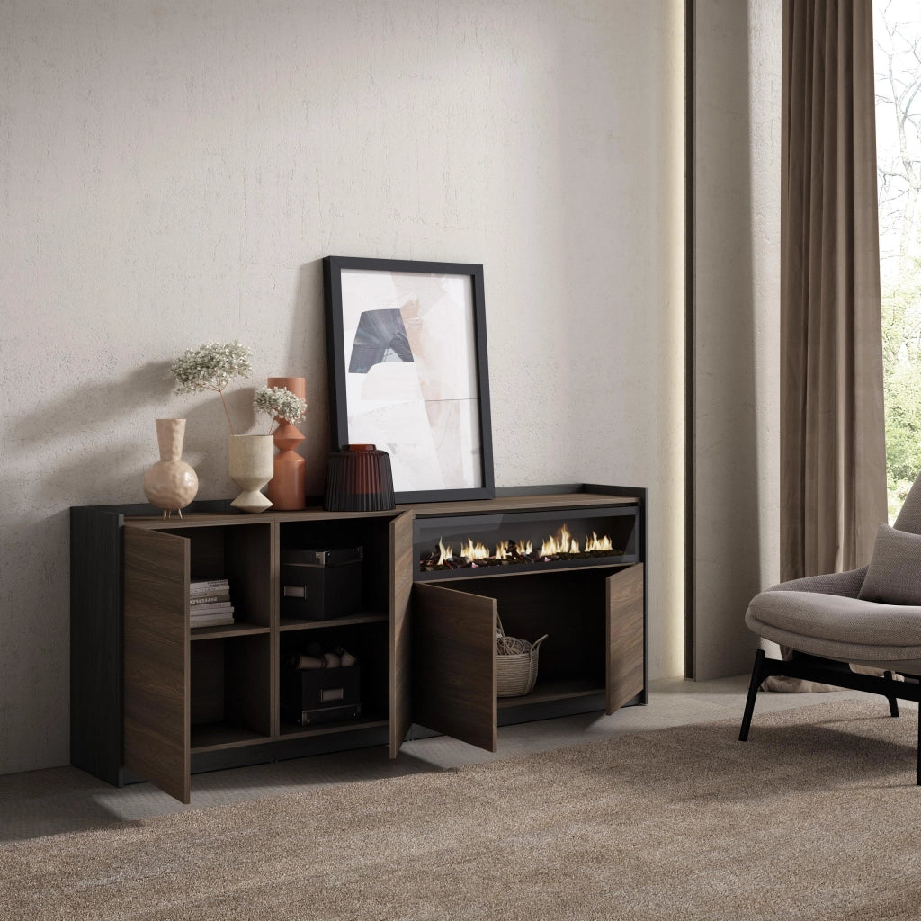 Credenza, Mobile, Cucina, 207x80x37 cm, 4 Porte, Camino elettrico, Rovere scuro e Nero