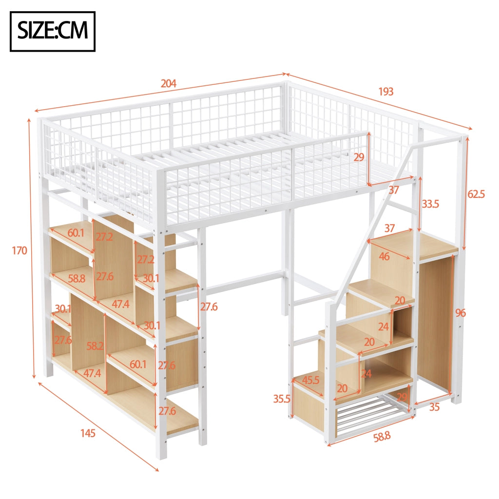 OKWISH Letto a Soppalco 140×200 cm, Letto Matrimoniale con Scala Contenitore, Mensole e Vani Portaoggetti, senza Materasso, Metallo e Legno, Bianco