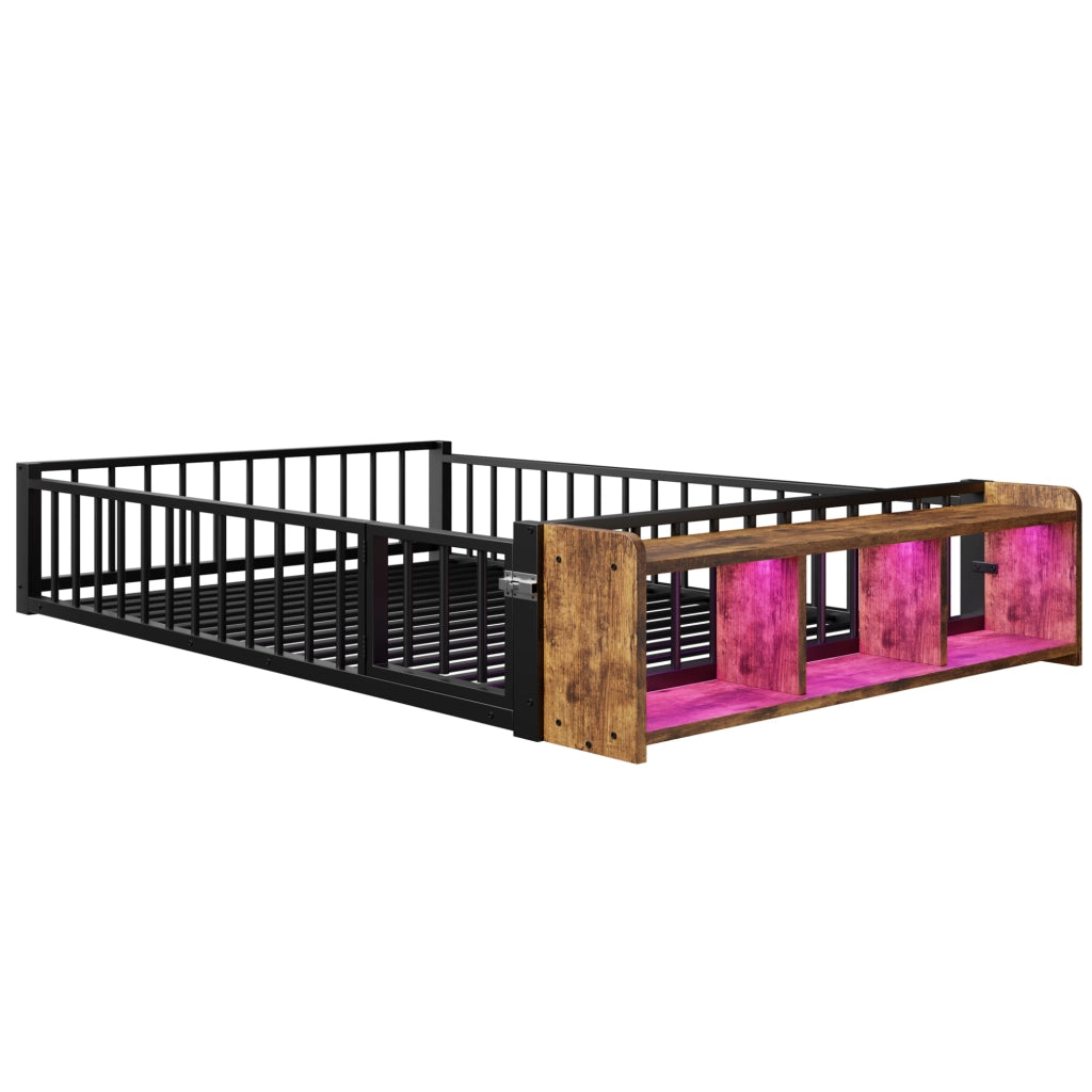 Letto in metallo 140x200 cm con contenitore aperto e luci LED