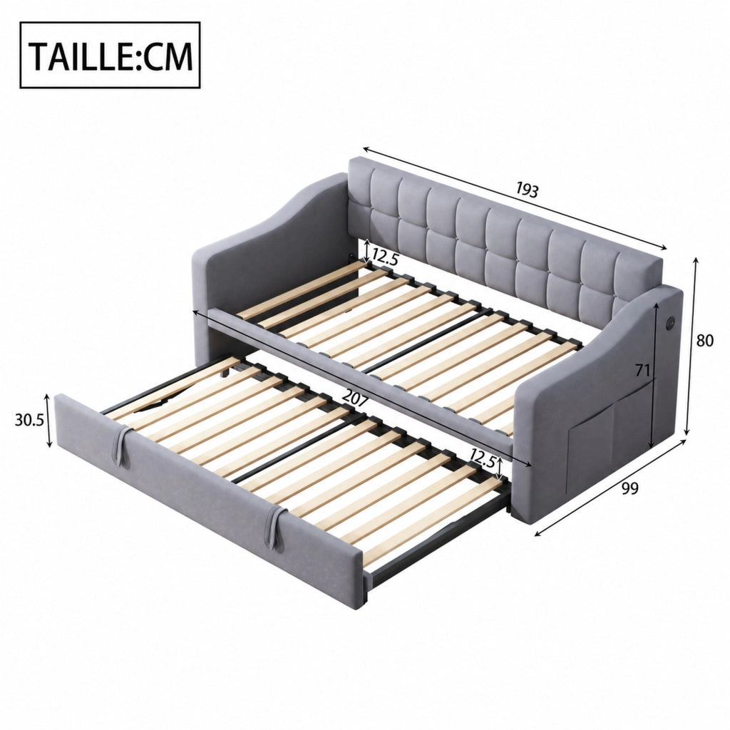 DESMIU Divano Letto 90 × 190 cm 1 posto con USB e vano portaoggetti, senza materasso, in velluto grigio