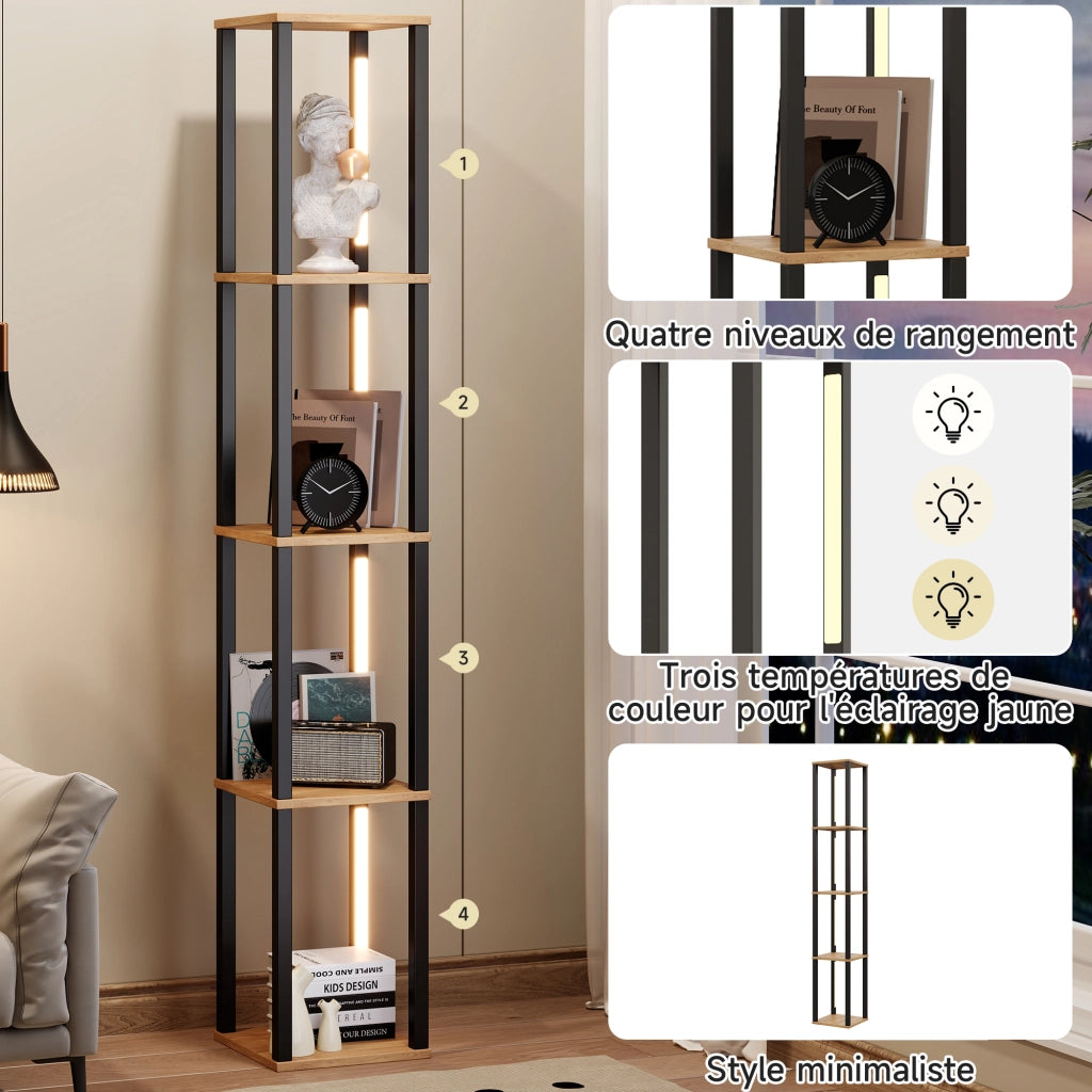 Scaffale con Illuminazione LED ¨C MINIMAL ¨C Legno Naturale e Nero, 4 Ripiani, 26x26x165 cm