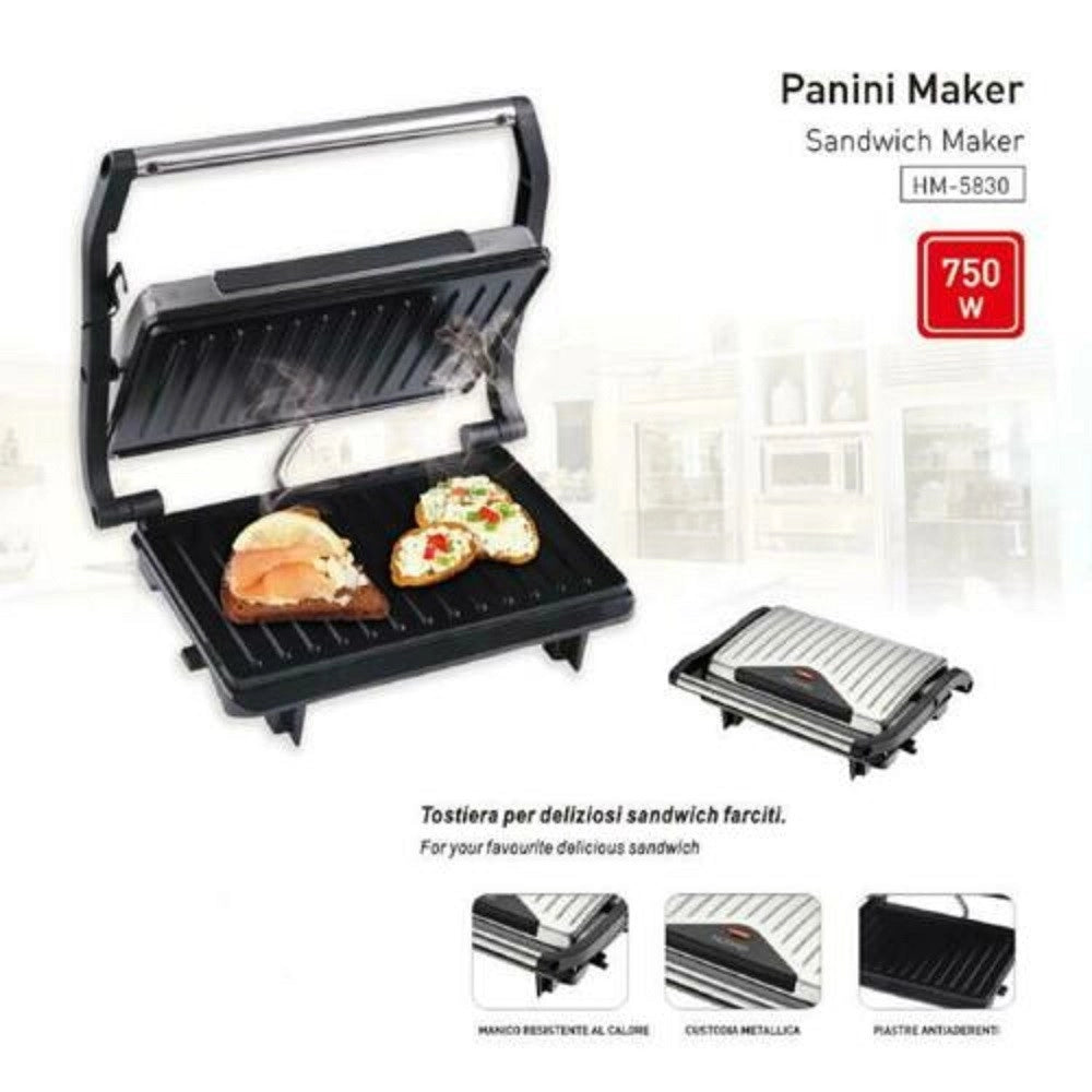Trade Shop - Bistecchiera Elettrica Piastra Per Panini 750 Watt Toast Con Apertura Basculante -