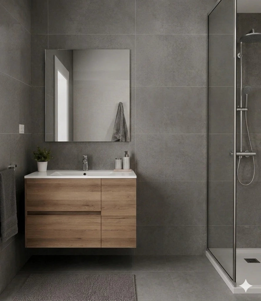 Mobile Bagno HEIMDALL Già Montato 2 cassetti e porta, lavabo e specchio Estepa 90x40 cm