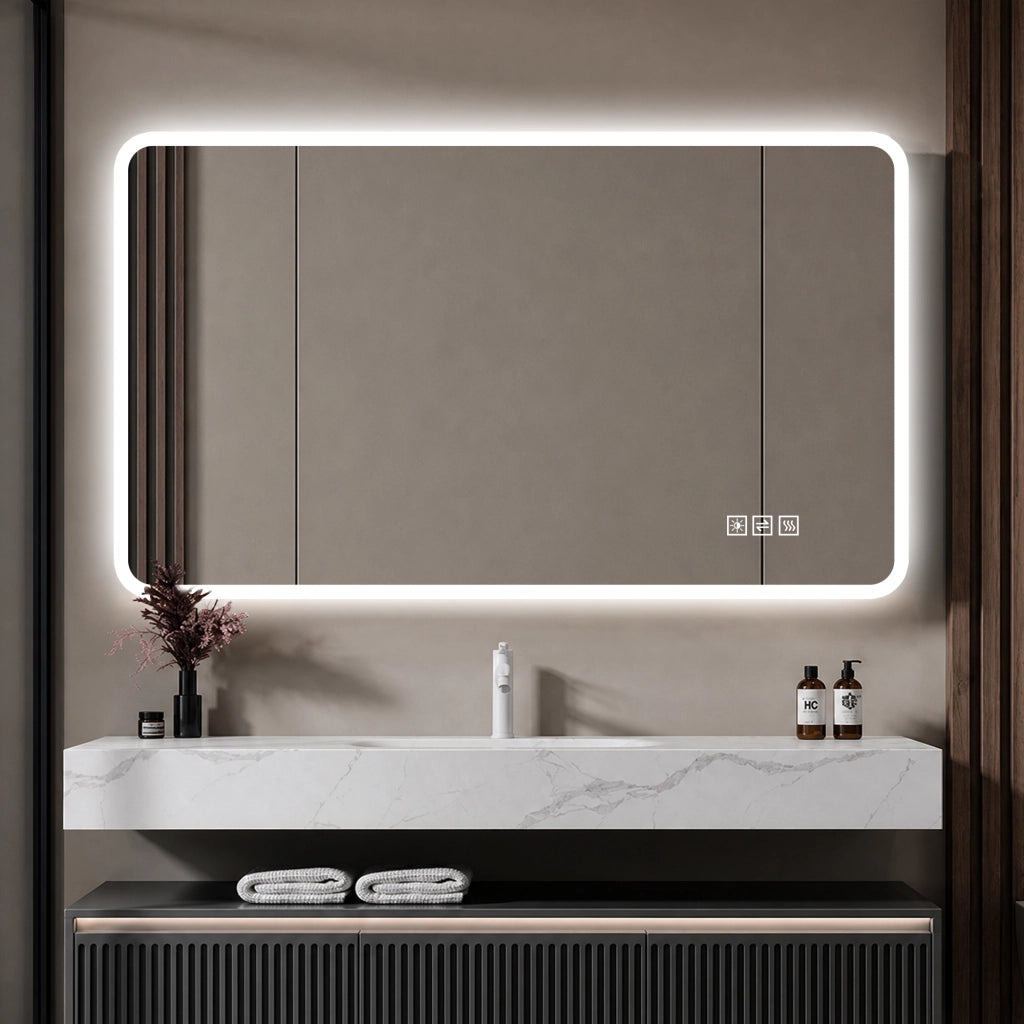 Specchio LED da bagno 60x100 cm con bordo satinato, anti-appannamento, 3 tonalità luce, dimmerabile