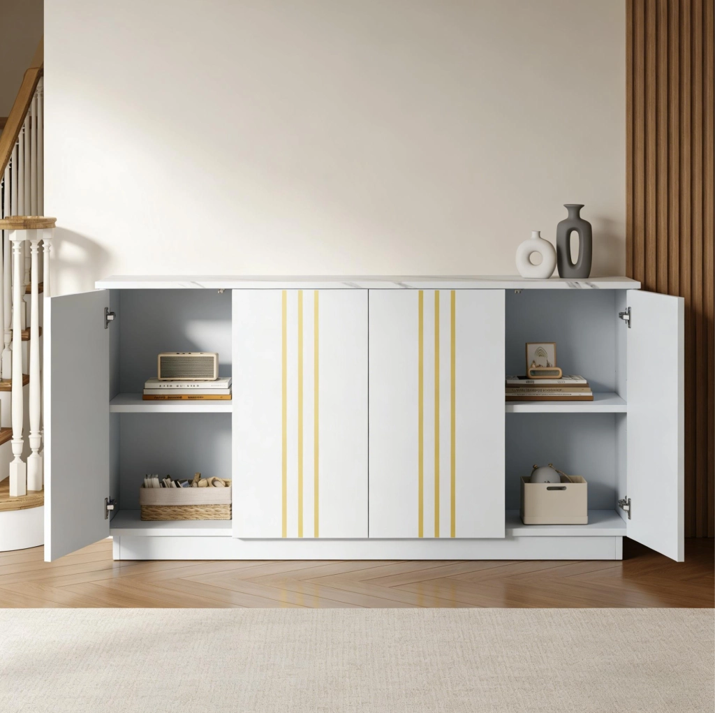 Credenza 35x140x70 cm con 4 ante e ampio spazio contenitivo in truciolato bianco e oro