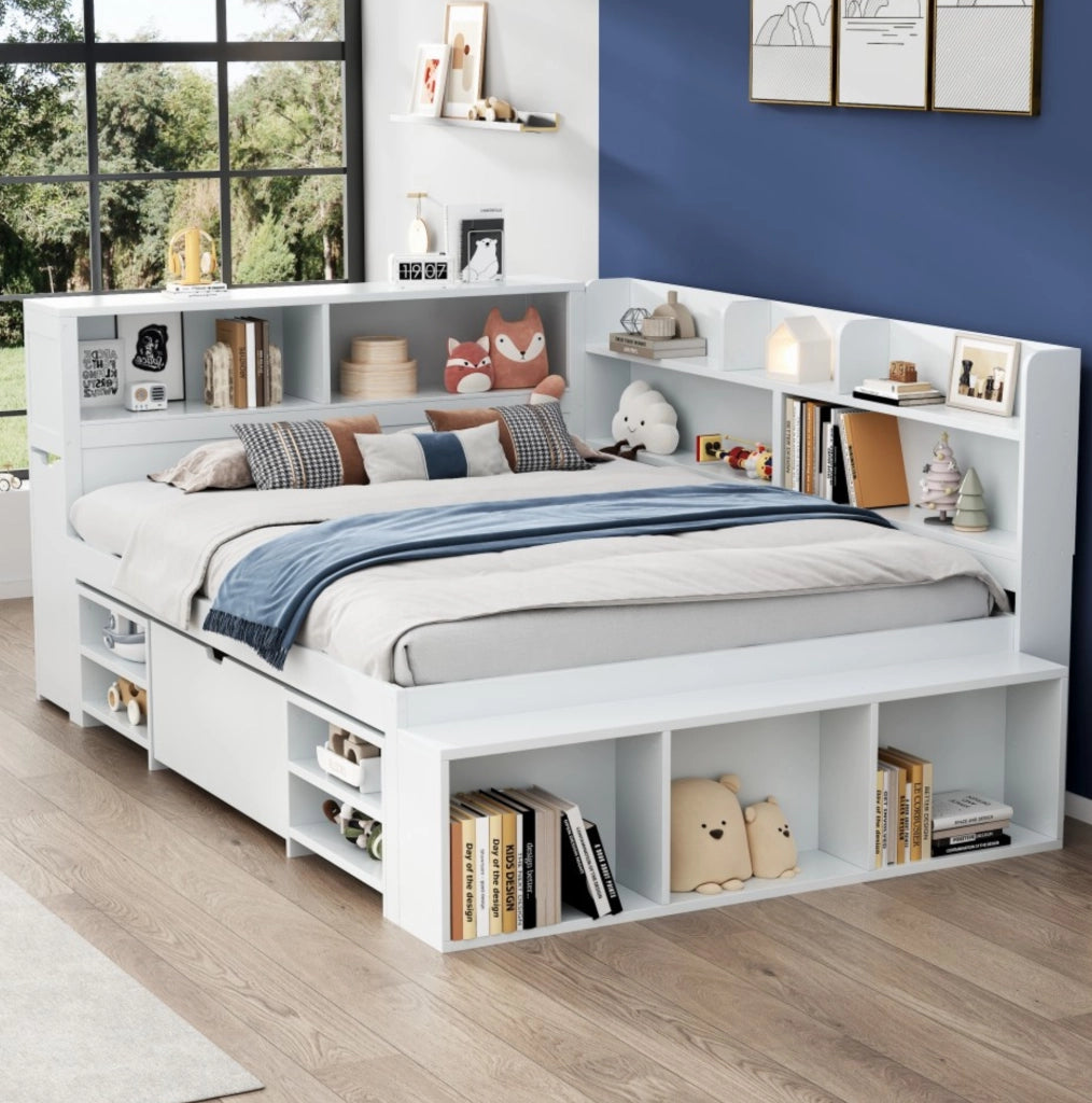 Letto per cameretta ULEVR 140x190 cm con cassetti e ripiani, rete a doghe inclusa, bianco