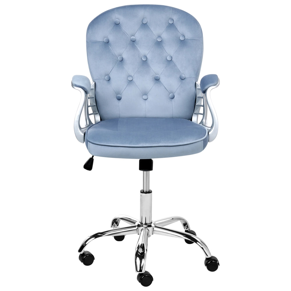 Sedia da ufficio in velluto azzurro con altezza regolabile e schienale trapuntato stile retrò moderno