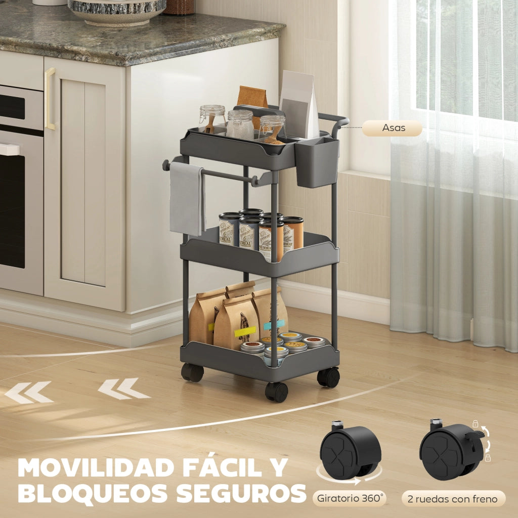 Carrello da Cucina a 3 Livelli con Cestini ¨C zephmum ¨C Grigio