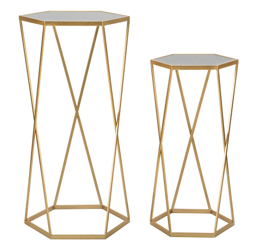 Set 2 Tavolini Esagonal Ø50 cm e Ø40 cm in Ferro e MDF Oro