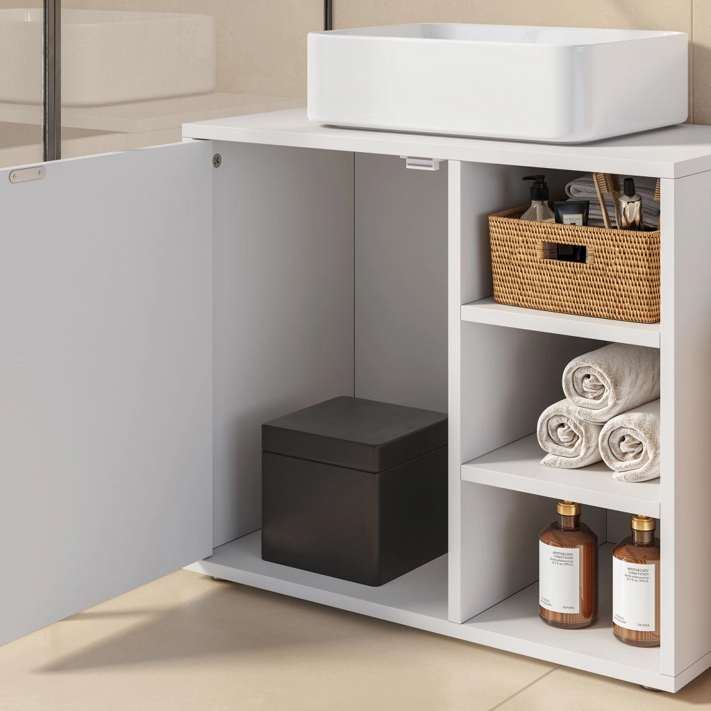 Mobile Sottolavabo Kulaik da Bagno ad Anta e 3 Scomparti Aperti 51 x 60 x 32 cm - Bianco [en.casa]