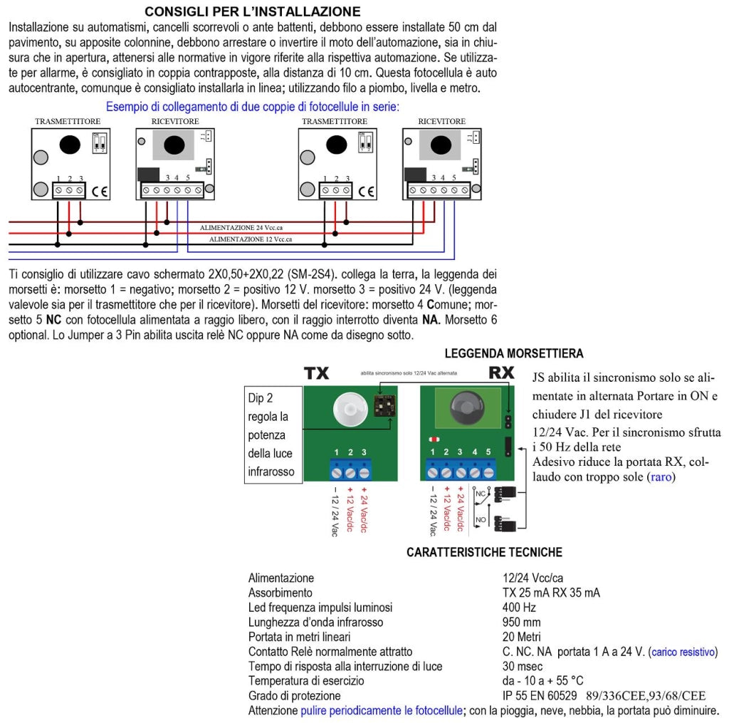 Fotocellula da Incasso 2 Coppie Controllo Sicurezza Cancello Elettrico Automatico Portata 20 Metri Lineari Montaggio a Parete o Palina Alimentazione 12/24 Vac