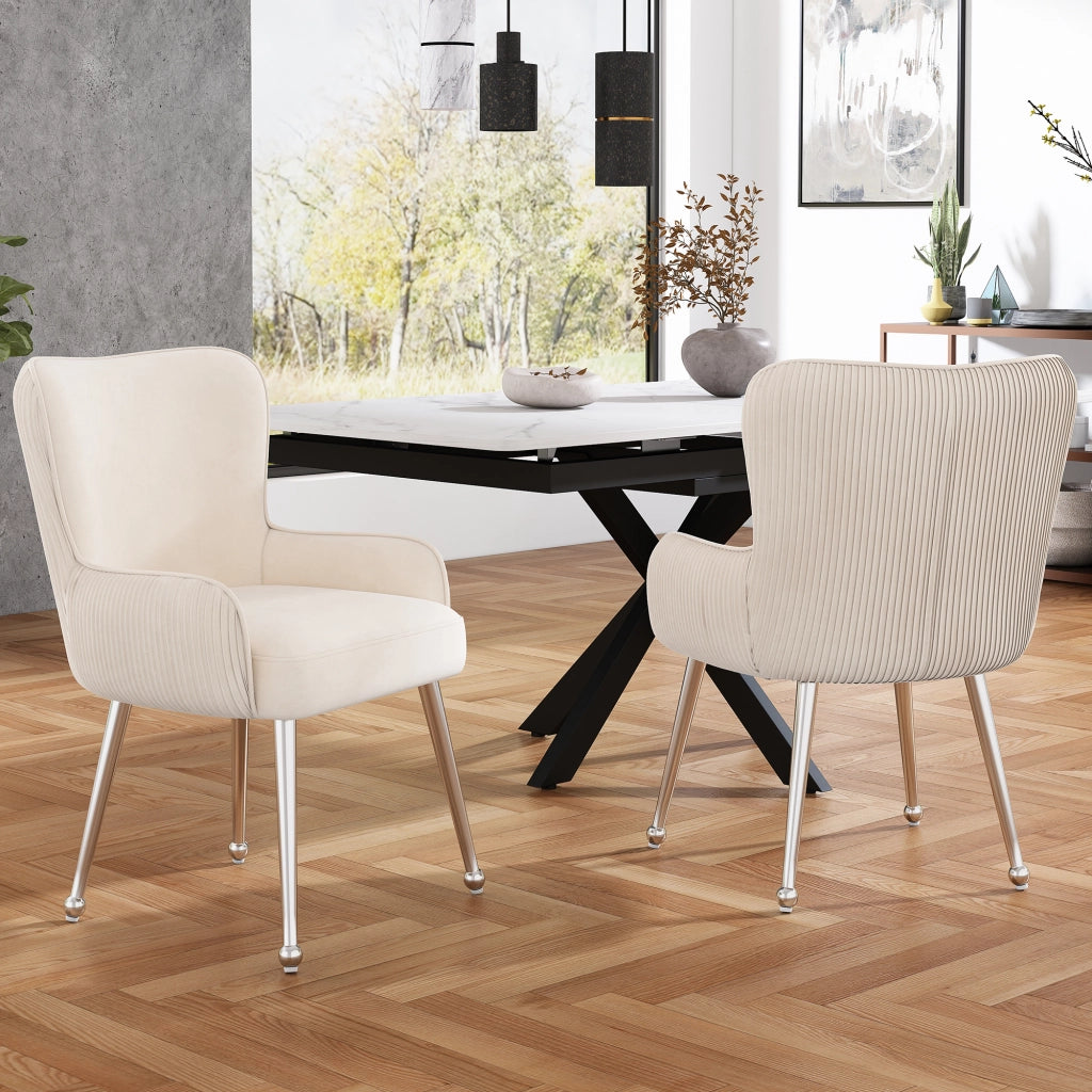Sedia da pranzo 4 pezzi con braccioli e supporto lombare, schienale plissettato, in velluto e metallo beige