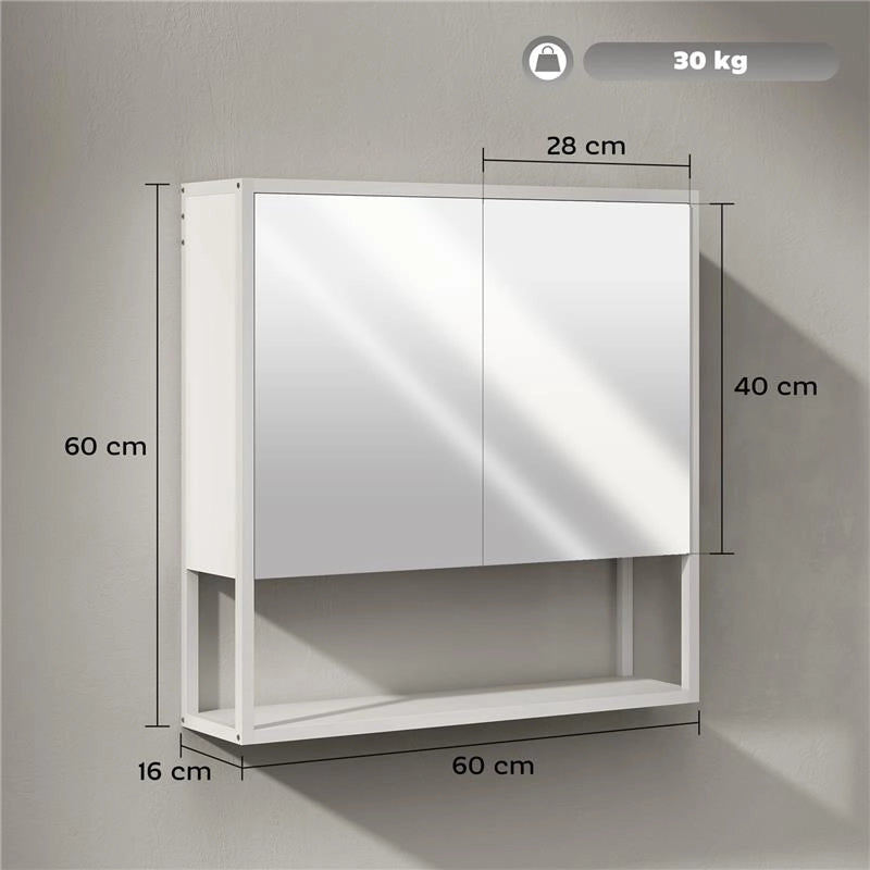 MOBILE BAGNO A PARETE CON SPECCHIO, ARMADIETTO CON MENSOLA REGOLABILE E RIPIANO APERTO, 60X16X60 CM, BIANCO