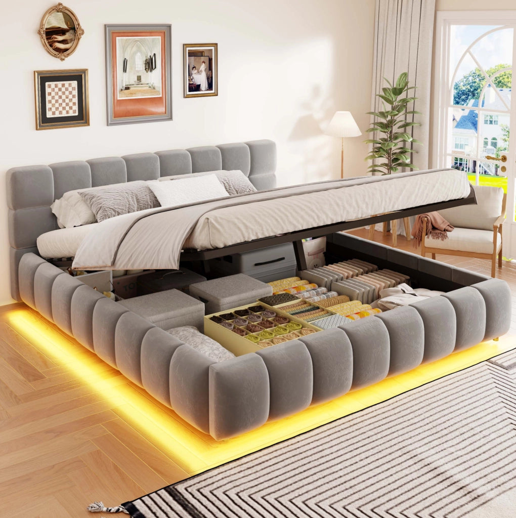 Letto matrimoniale imbottito 160x200 cm in velluto grigio con LED e contenitore idraulico