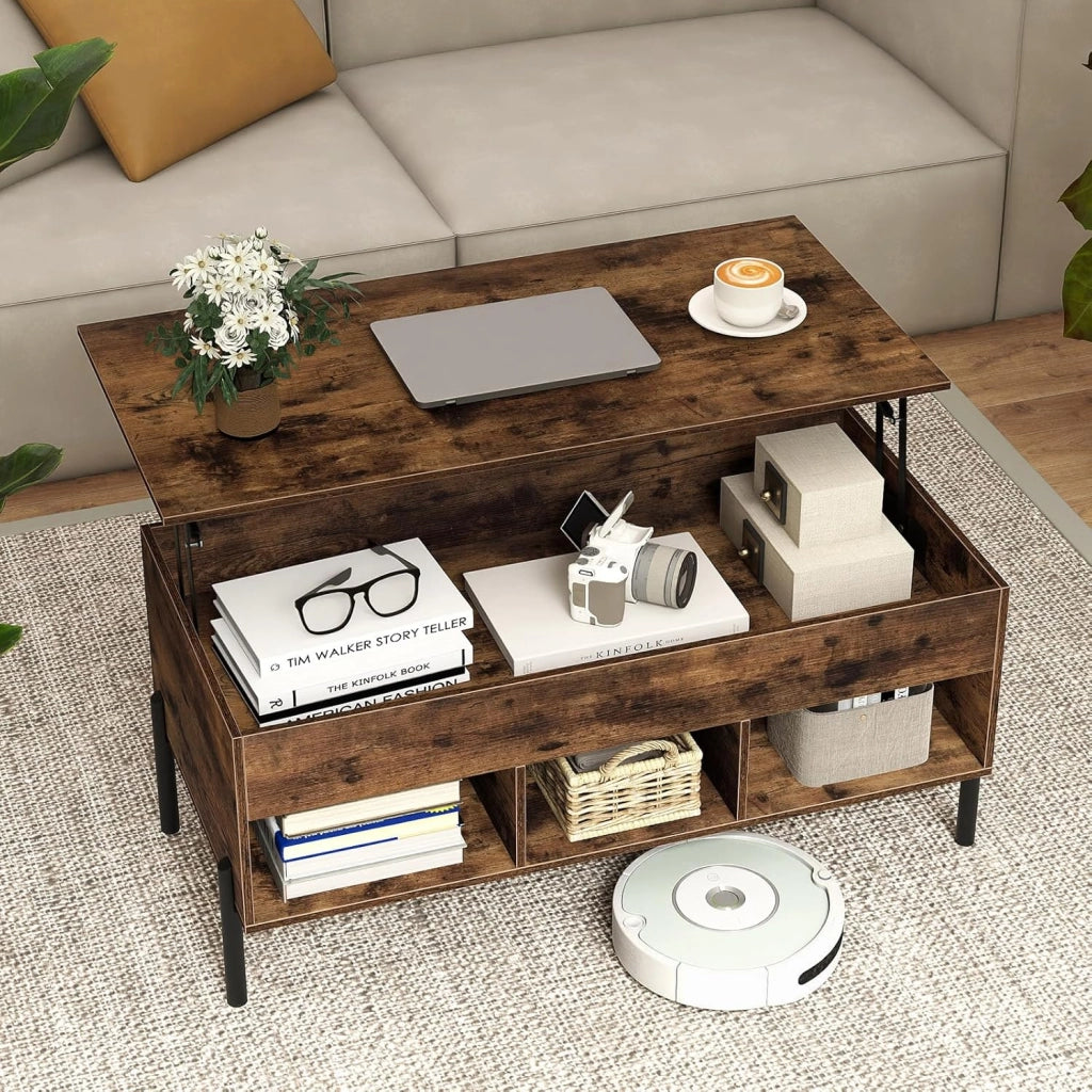 Tavolino da Caffè Sollevabile, Tavolino da Salotto con Piano Regolabile in Altezza, Scomparti e Piedini Antiscivolo, Design Moderno, per Soggiorno, Camera da Letto, Studio (Marrone)