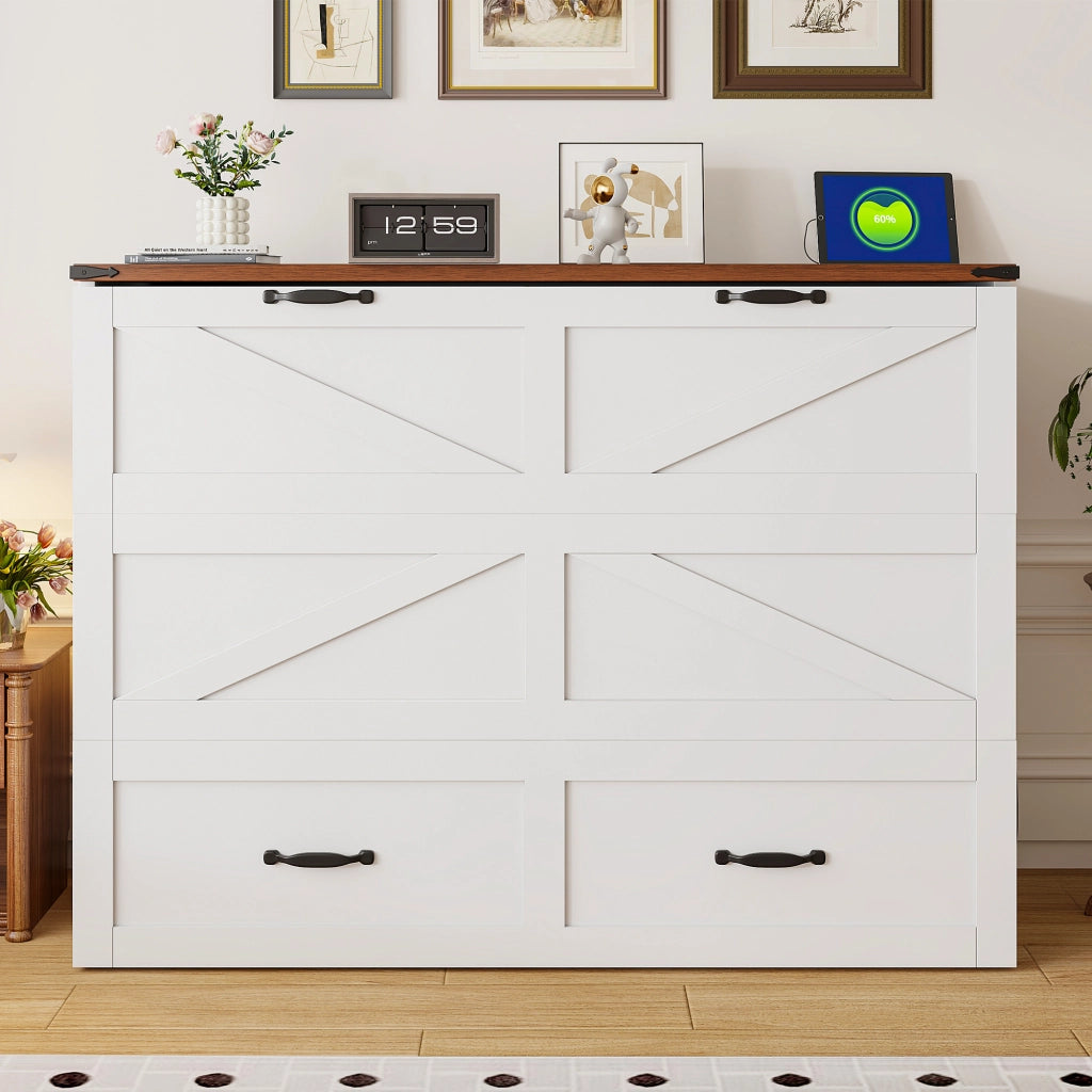 Letto a scomparsa 140x200 cm salvaspazio per 2 persone con presa UE; ruote silenziose e vano contenitore; metallo bianco
