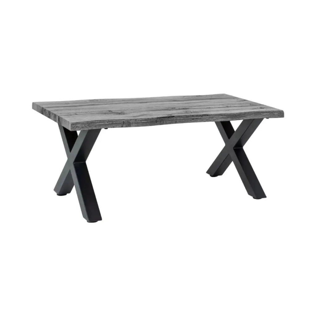 Tavolino basso RIVET effetto legno grigio e gambe in metallo nero a X – tavolo design industriale moderno