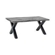 Tavolino basso RIVET effetto legno grigio e gambe in metallo nero a X – tavolo design industriale moderno