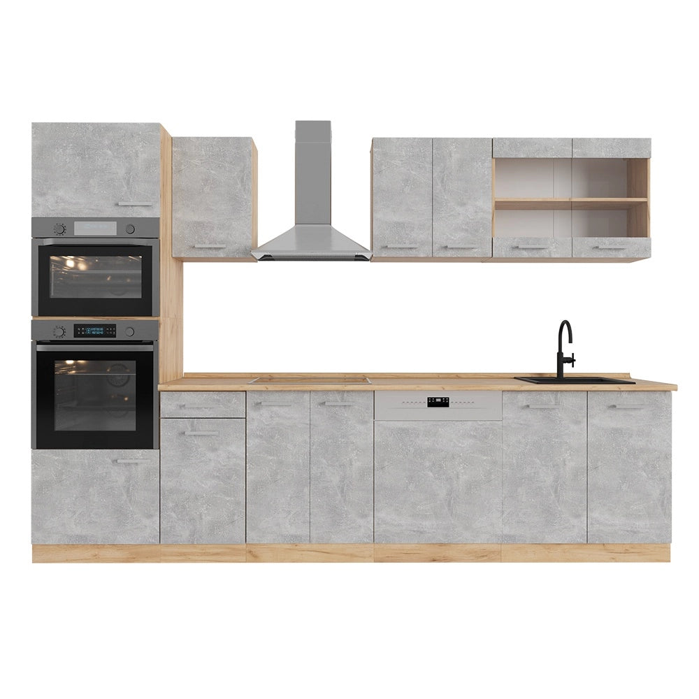 Cucina componibile R-Line Calcestruzzo/Rovere dorato 300 cm con armadio alto, PL Rovere Vicco