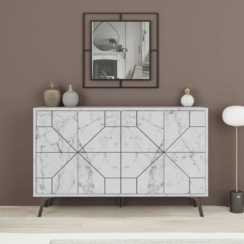 Credenza Brunale, Buffet da soggiorno, Madia da salotto, Dispensa da cucina, 123x35h62 cm, Bianco Marmo