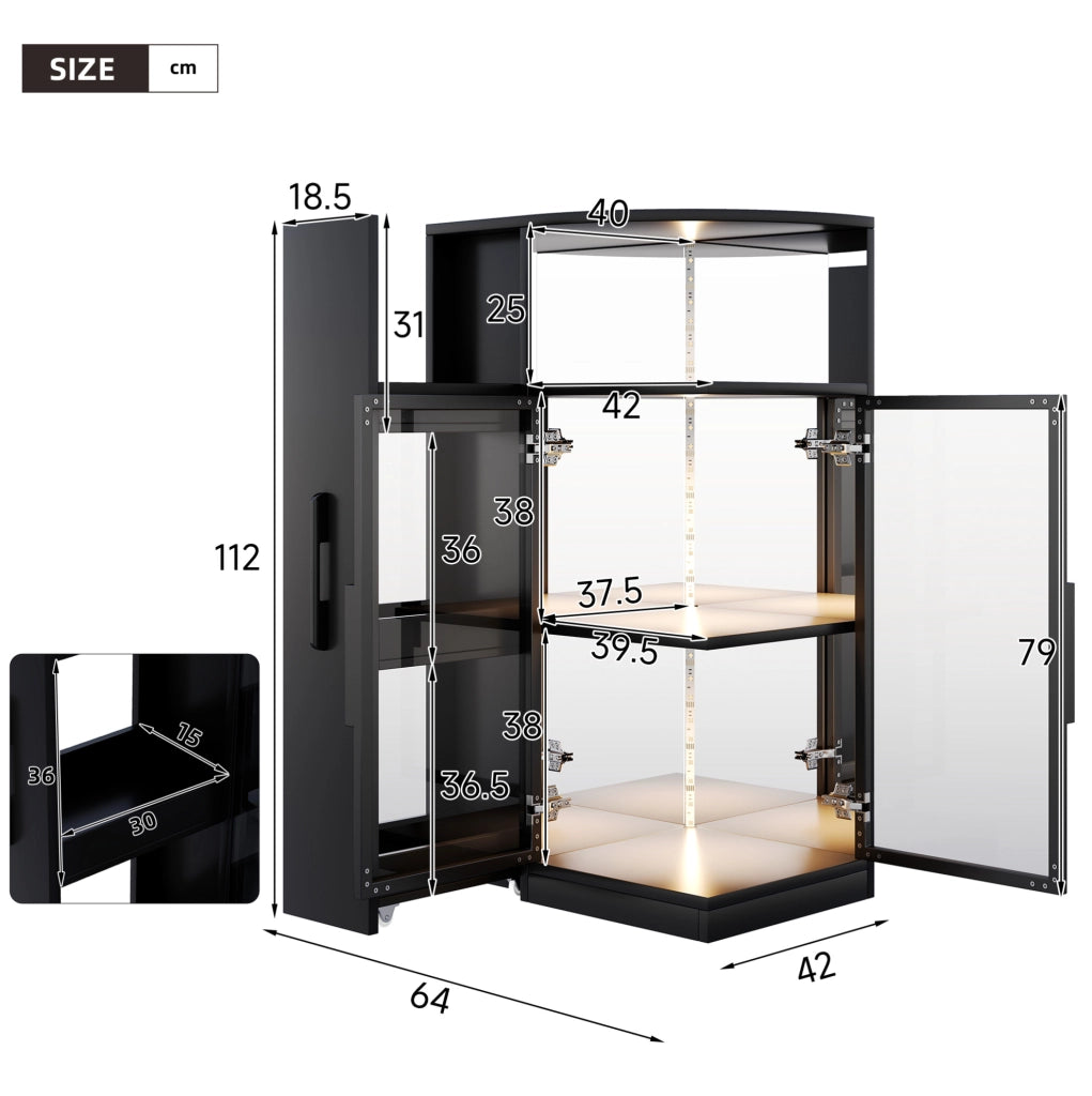Vetrina 64x42x112 cm con LED multicolore e mobile laterale estraibile; vetro e truciolare nera