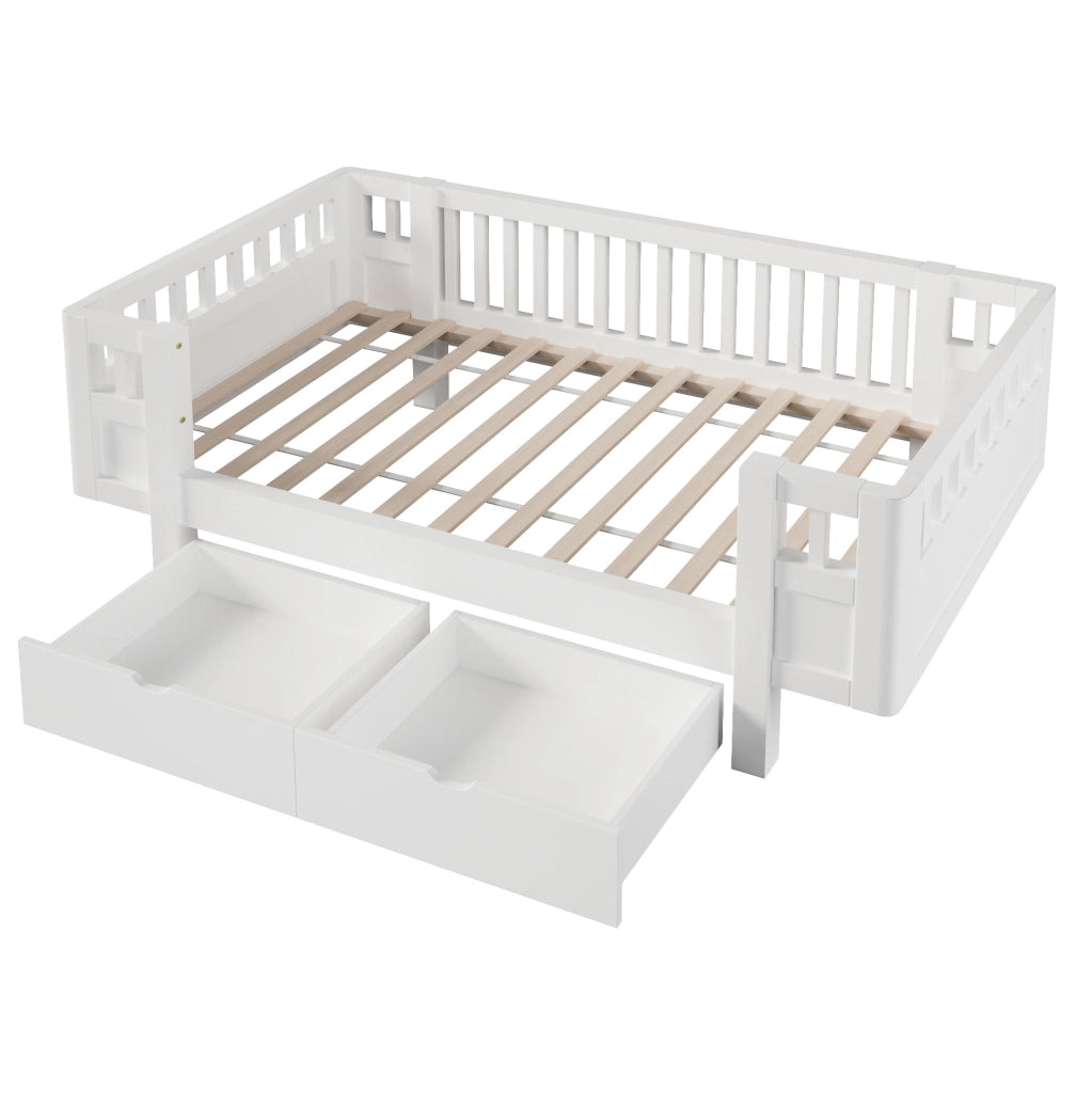 Letto per bambini 90x200 cm con sponde alte e 2 cassetti in MDF bianco
