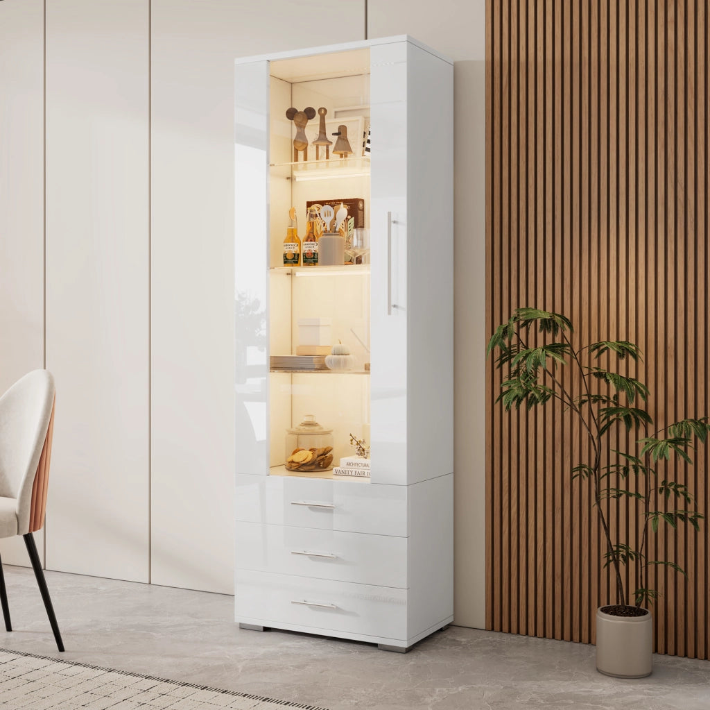 Vetrina 60x35x180 cm in MDF bianco lucido con LED e 3 cassetti