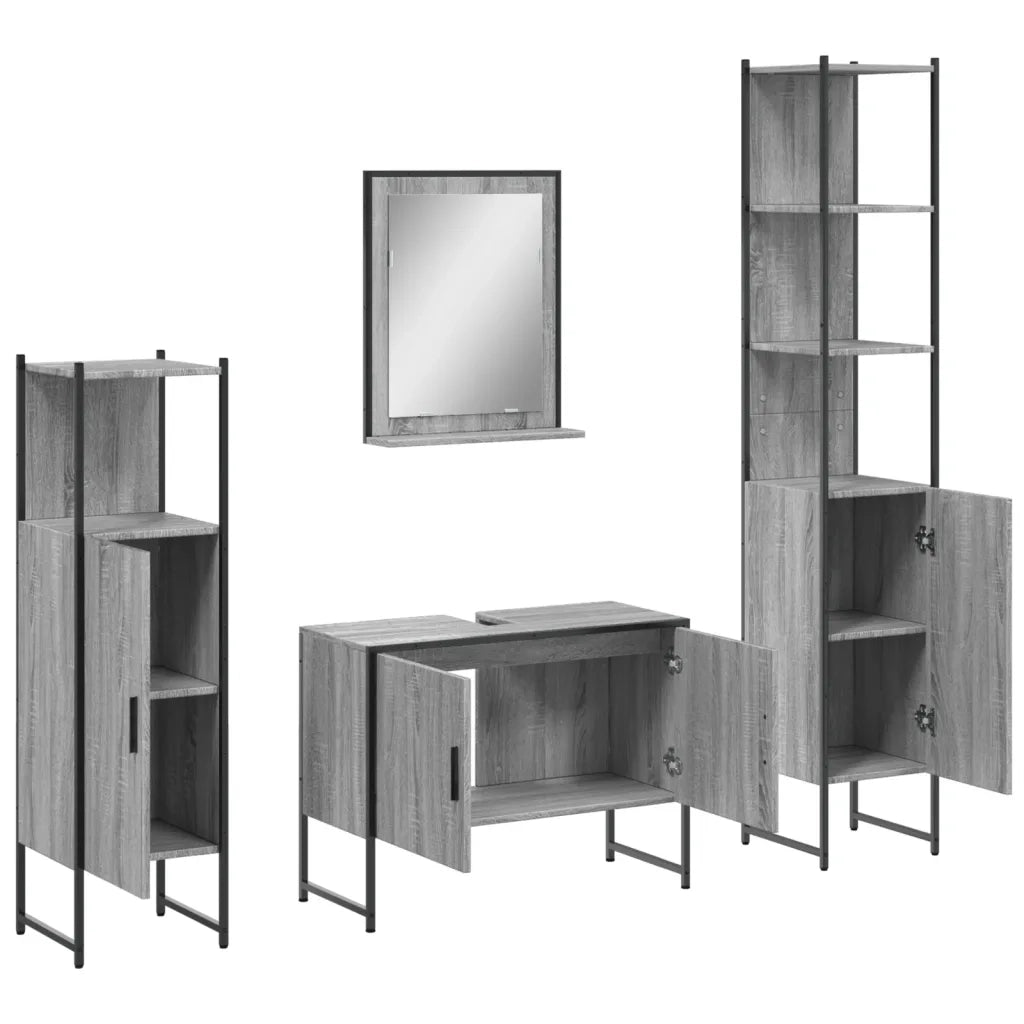 Set Mobili da Bagno | Armadio da bagno 4 pz Grigio Sonoma in Legno Multistrato