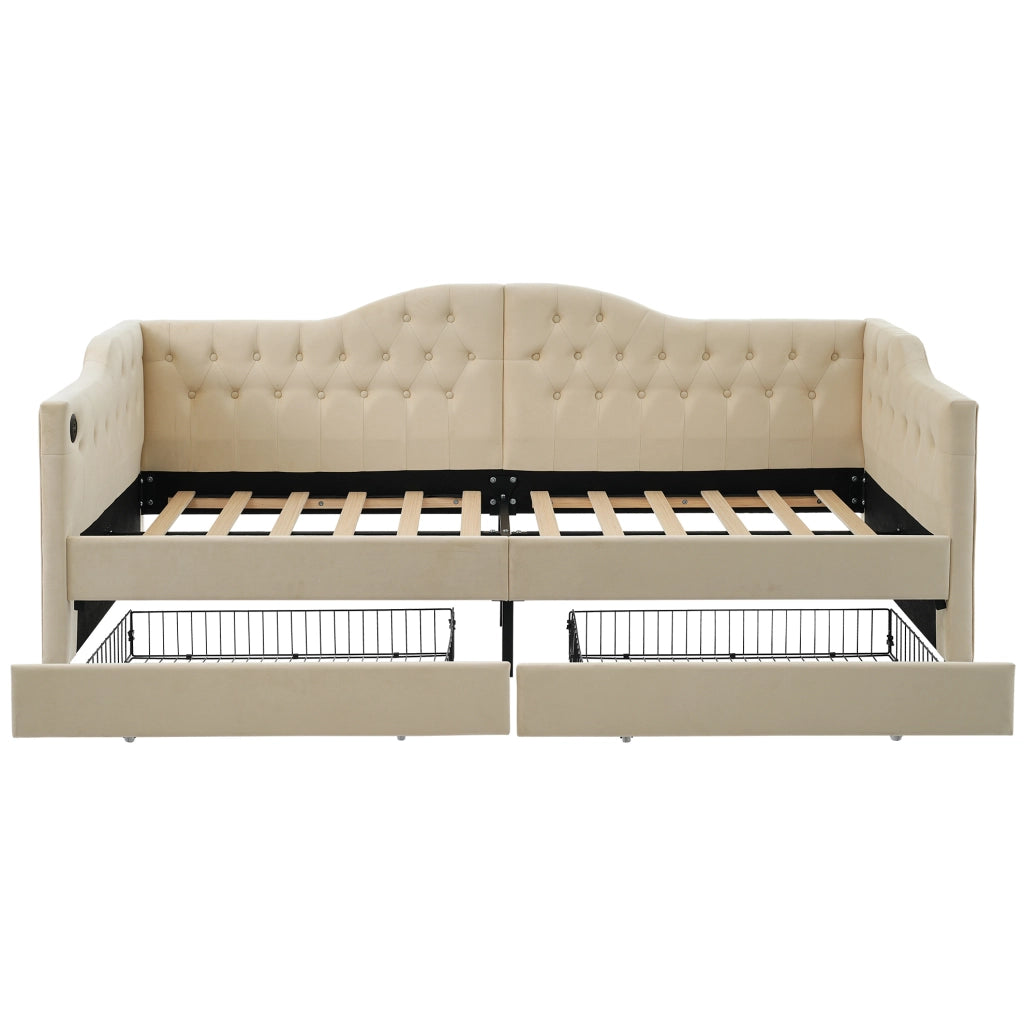 Daybed imbottito 90x200 cm con 2 cassetti; USB e Type-C; velluto beige