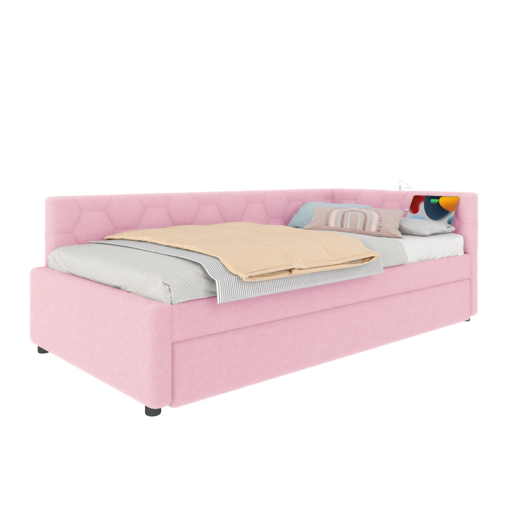 Letto singolo rosa 90x200 cm con letto estraibile, USB/Type-C e lampada