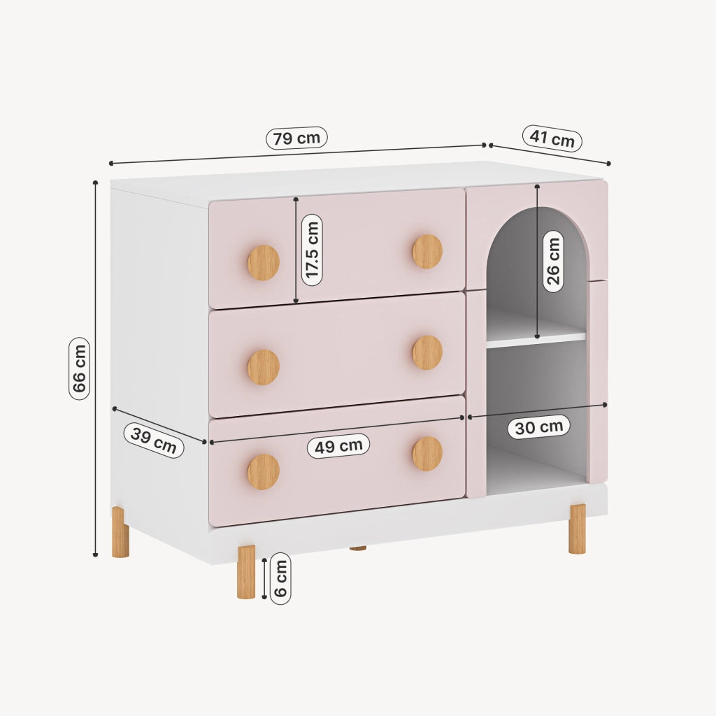 Cassettiera Vaarentaa per Cameretta con 3 Cassetti e 2 Vani Aperti 79x41x66 cm - Bianco/Rosa [en.casa]