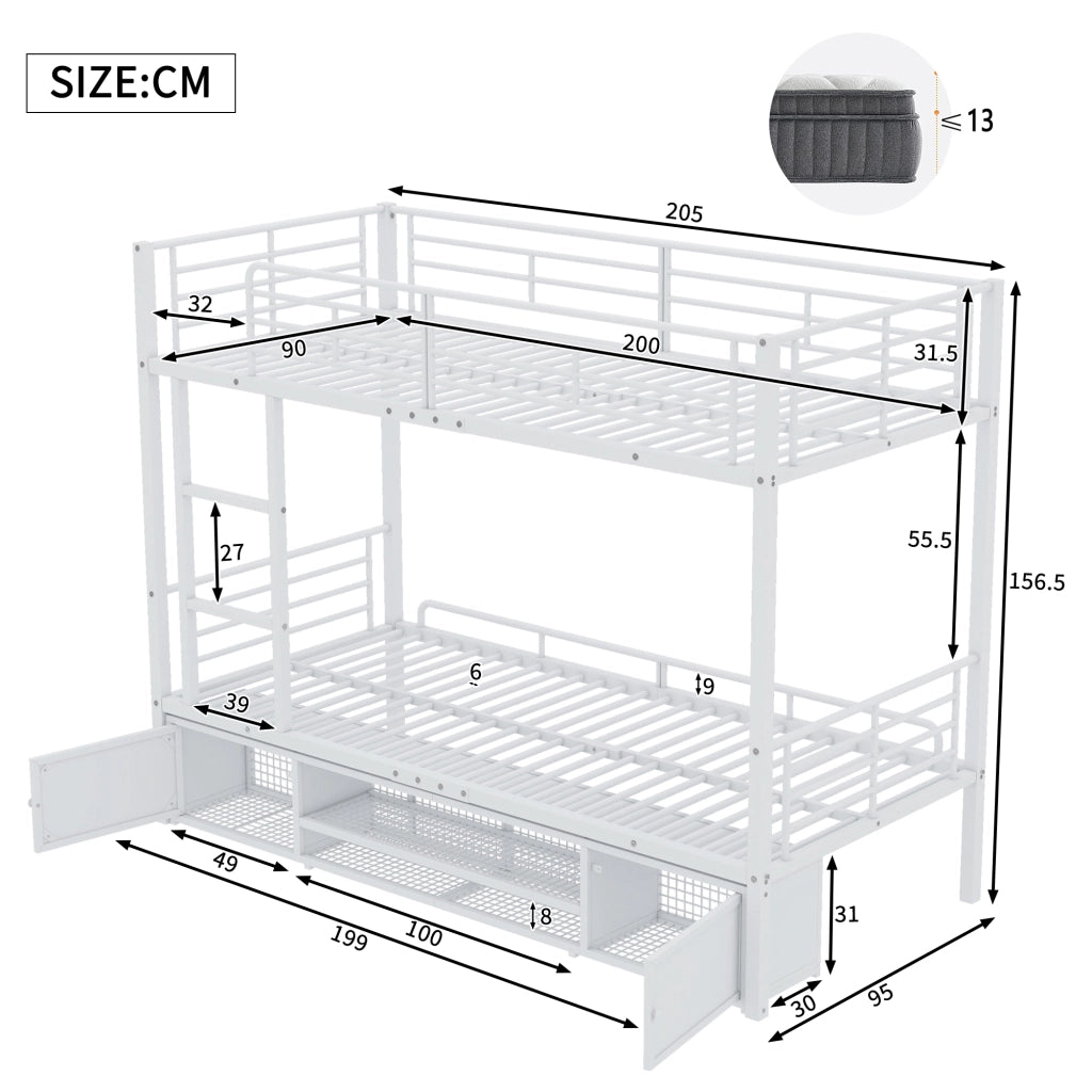 Letto a Castello 90×200 cm; Letto Singolo con Scala a 3 Gradini; Scarpiera e 2 Ante; senza Materasso