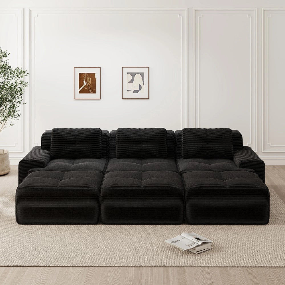 Divano Angolare Modulare 3 Posti con Pouf ¨C Xylo ¨C Velluto a Coste Nero