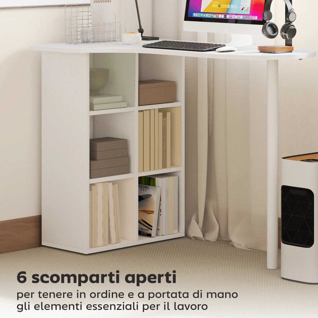 Scrivania Ricurva con Ripiani e Scaffali Regolabili ¨C Zephmum ¨C Acciaio e Legno Bianco 100x59x75.5 cm
