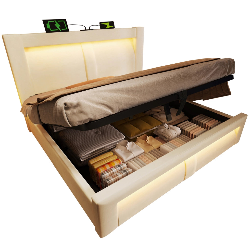 Letto matrimoniale 160x200 cm con contenitore; LED integrati; porte USB e Type-C; velluto beige