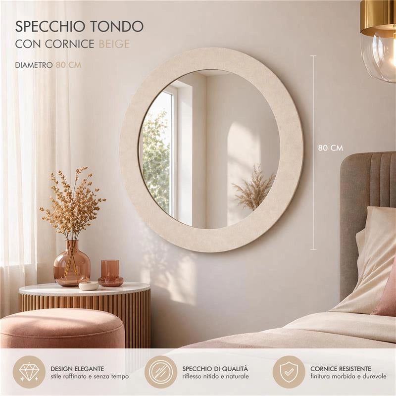 SPECCHIO ROTONDO IN VELLUTO CON GANCI PER APPENDERE DIMENSIONI 80X4.5CM - LINEA: GLOBO COLORE BEIGE