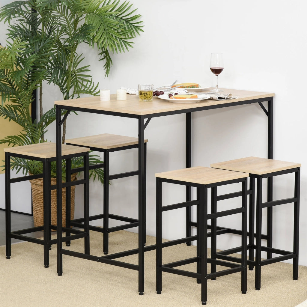 Set Bar Tavolino Alto e 4 Sgabelli in Metallo e Legno Rovere Chiaro