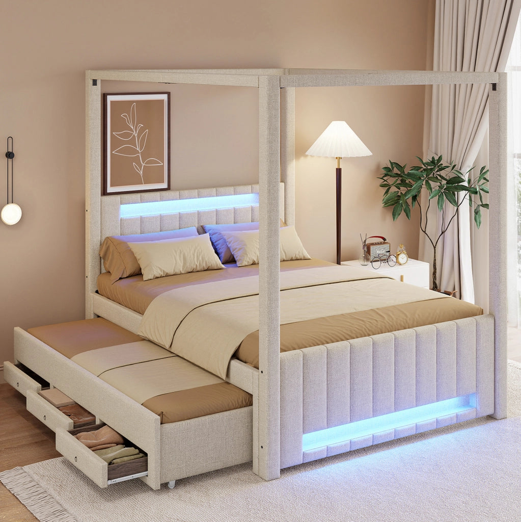 Letto a baldacchino 140x200 con estraibile, LED e cassetti