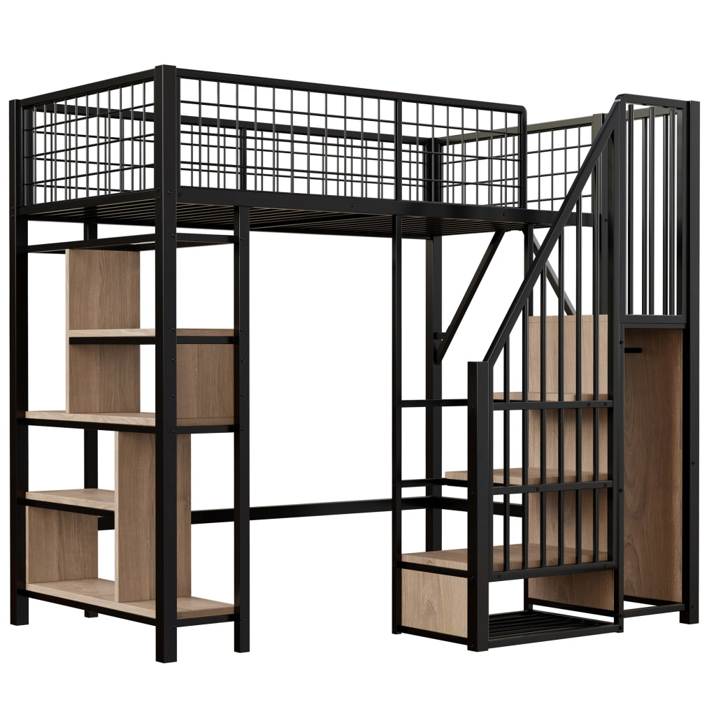 Letto a soppalco 90x200 cm con scala contenitore, struttura in metallo e legno, nero