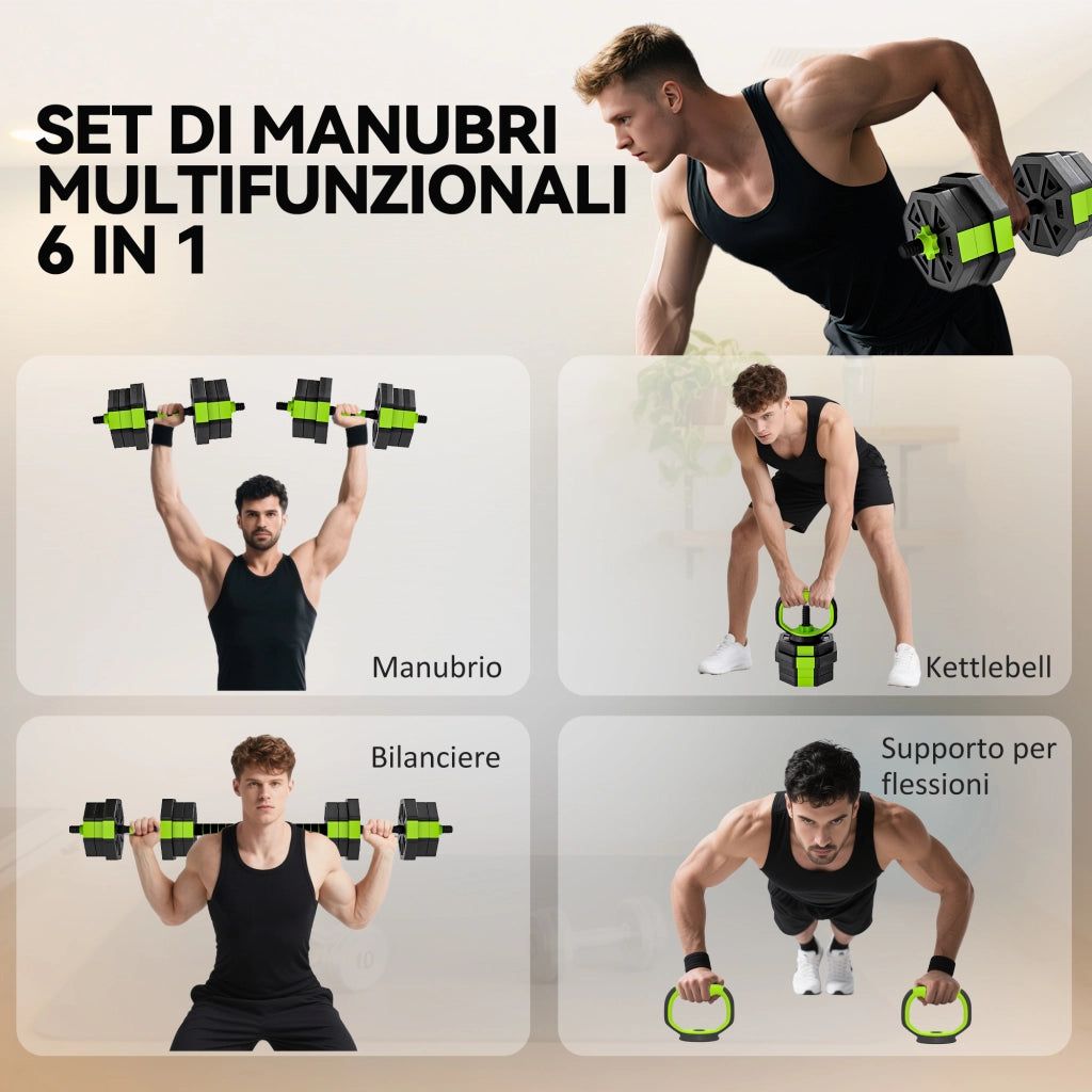 Set Pesi Palestra 6 in 1 Multifunzione da 20kg Totali 125x18x18 cm in Plastica e Sabbia Verde