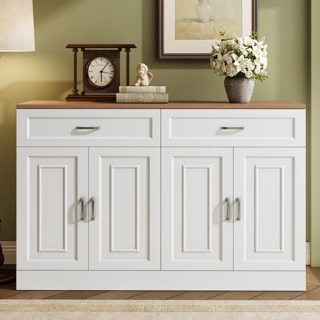 Sideboard moderno in legno e bianco con 4 ante e 2 cassetti, 120x35x80,5 cm