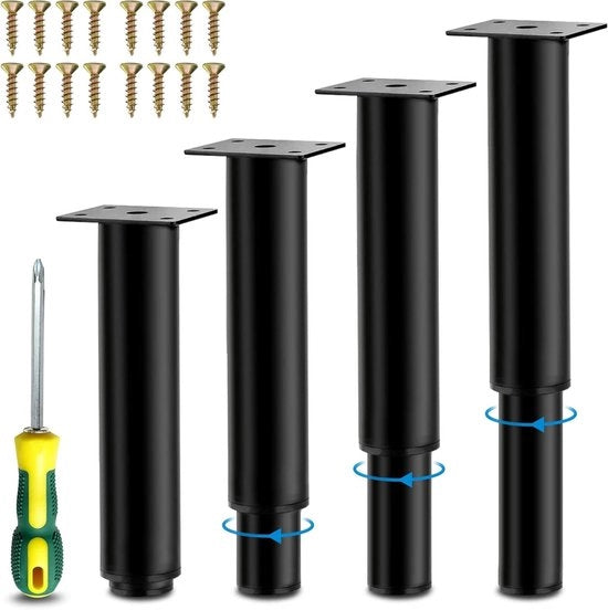 Set di 4 supporti per mobili in metallo nero regolabili in altezza - Altezza regolabile fino a 33 cm - Incluso: viti e chiave a stella