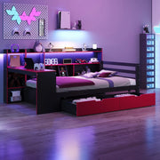 Letto a Soppalco con Scrivania, Scaffale, Cassetti e LED ¨C Xylo ¨C Legno Nero, 90x200