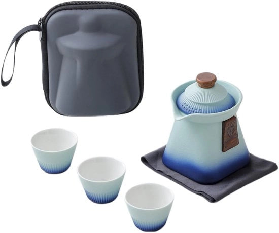 Tazza da tè portatile (280ml teiera a gradiente, 3 tazze (30ml), ciotola da tè portatile in ceramica per viaggio (blu)