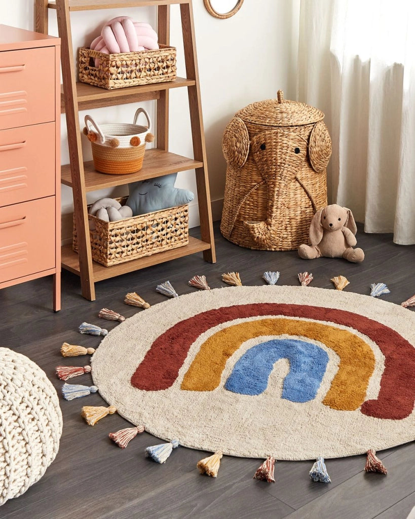 Tappeto multicolore in cotone ø 120 cm rotondo con nappine motivo geometrico arcobaleno per soggiorno camera da letto cameretta bambini Tappeto