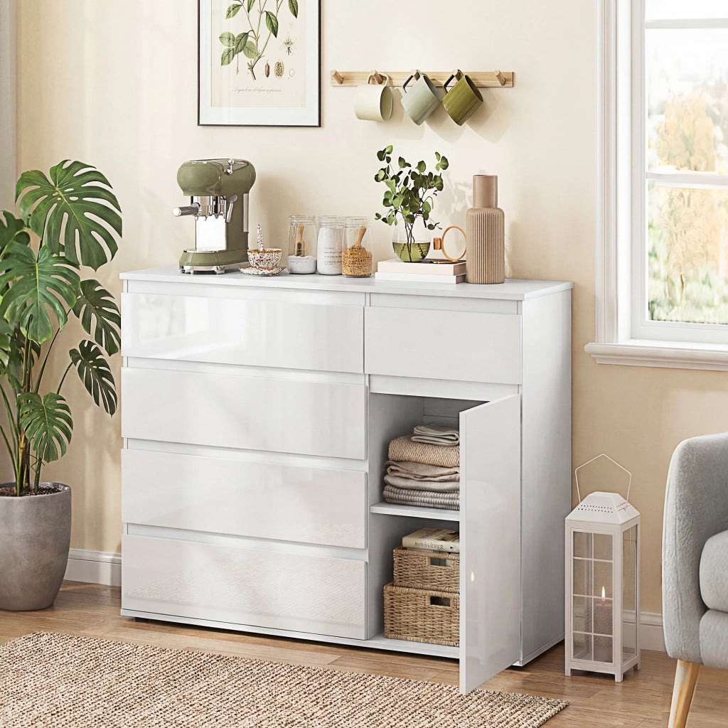 Credenza con 5 Cassetti, Ripiano Regolabile ¨C zephmum ¨C Bianco Lucido