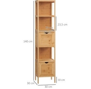 Colonna da bagno in bamb霉 con 3 ripiani e 2 cassetti; 30x30x140 cm