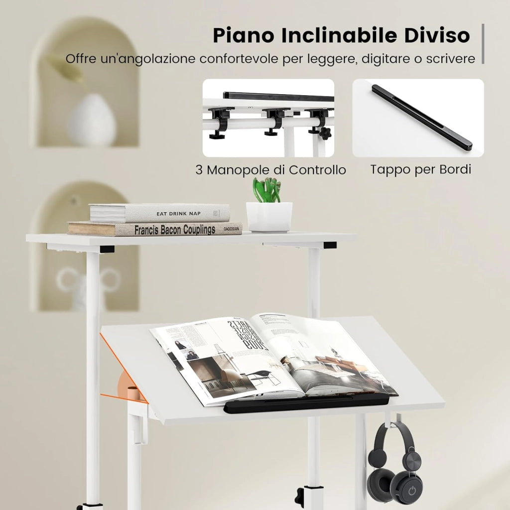 Scrivania per Computer Regolabile in Altezza, Scrivania Salvaspazio con Ruote e Ganci, Tavolo Porta PC per Studio e Ufficio, 60 x 60 x 72-124 cm (Bianco)