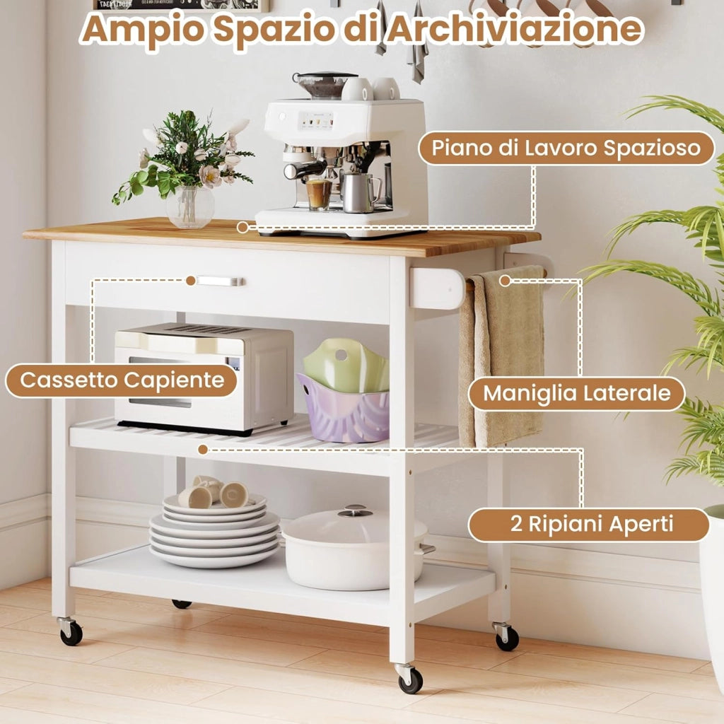 Carrello da Cucina Salvaspazio con Ruote, Mobiletto Cucina con Piano in Legno, Cassetto, 2 Ripiani Aperti, Carrello da Portata per Sala da Pranzo, 106 x 50 x 89 cm (Bianco)