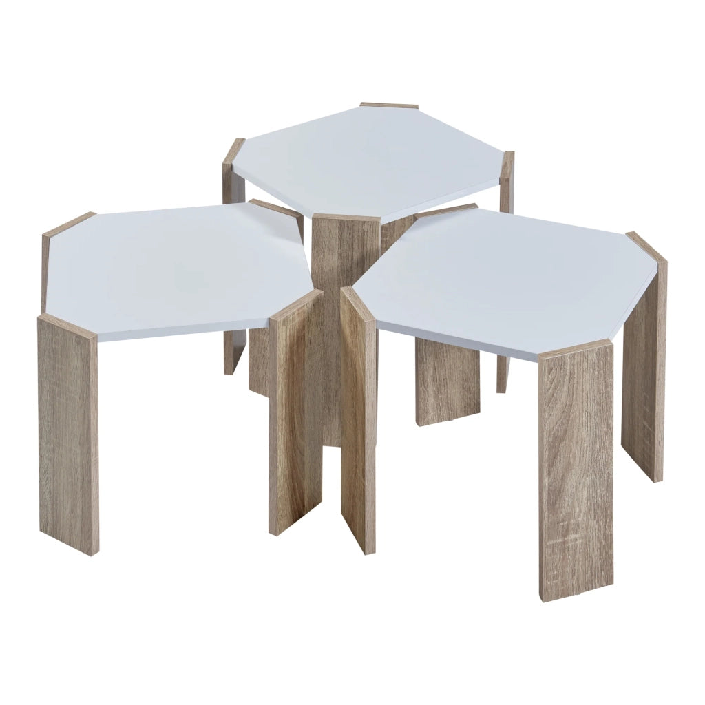 Set di 3 tavolini impilabili bianchi con effetto rovere 03_0009400